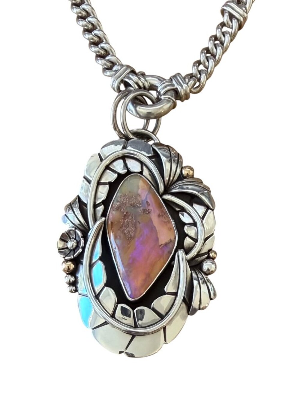 Hi West Silver Peachy Gold Pipe Opal Multi Leaf Pendant and Vintage Chain